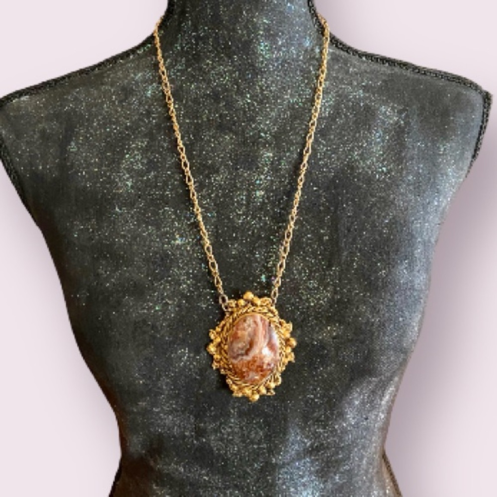 Vintage Costume Jewelry Gold Tone Large Natural Multi Color Jasper Necklace